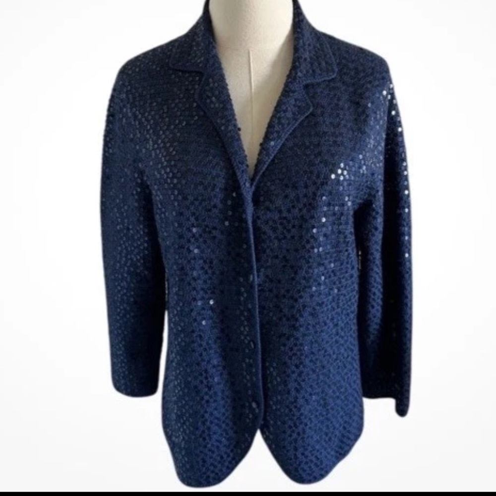 Talbots Silk Blend Navy Blue Hand Knit Sequin Cardigan Event Elegant Glam Medium
